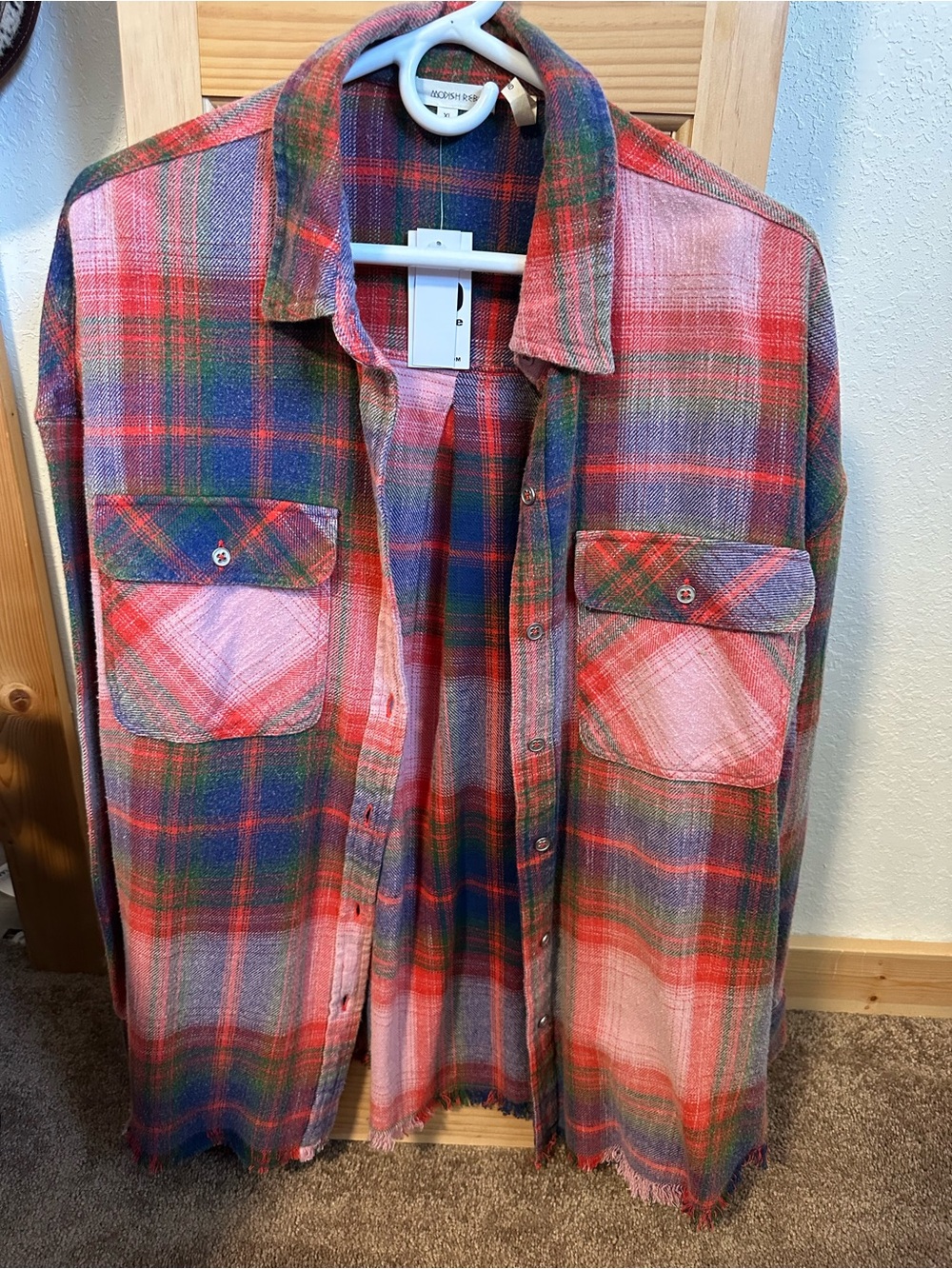 Women’s Plaid Button-Up Shirt Jacket - Pink & Red